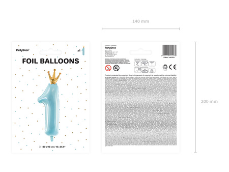 Balon foliowy Cyfra '1', 37x100 cm, błękit