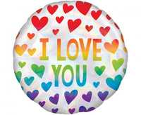 Balon foliowy 18'' CIR - I love You, Holo Rainbow Hearts, zapakowany