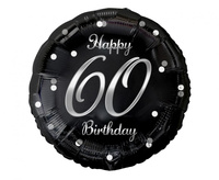 Balon foliowy Happy 60 Birthday, czarny, nadruk srebrny, 18"