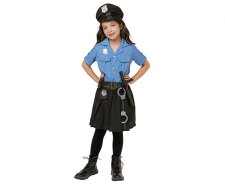 Zestaw dla dzieci Niebieska Policjantka (bluzka, spódnica, pasek, czapka, kajdanki, krótkofalówka, pałka), rozm. 120/130 cm