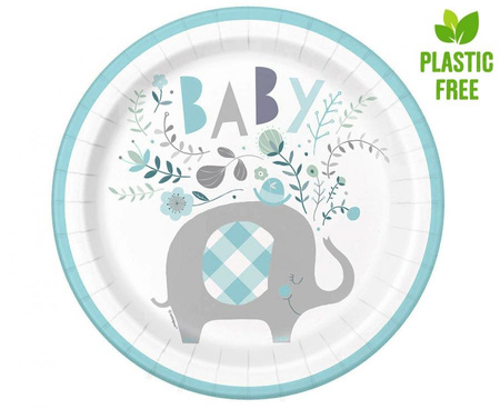 Talerzyki papierowe Floral Elephant, niebieskie, 23 cm, 8 szt. (plastic-free)