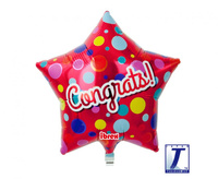 Balon foliowy, gwiazda 15", Congrats dots, metallic red, packed
