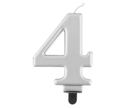 Świeczka cyferka 4, metalik srebrna, 8,0 cm