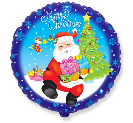 Balon foliowy 18" - "Merry Christmas - Mikołaj z prezentami" (okrągły), pakowany