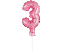 Balon foliowy 13 cm na patyczku "Cyfra 3", różowa