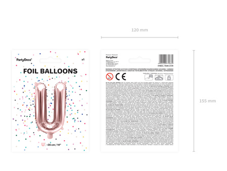 Balon foliowy Litera ''U'', 35cm, różowe złoto