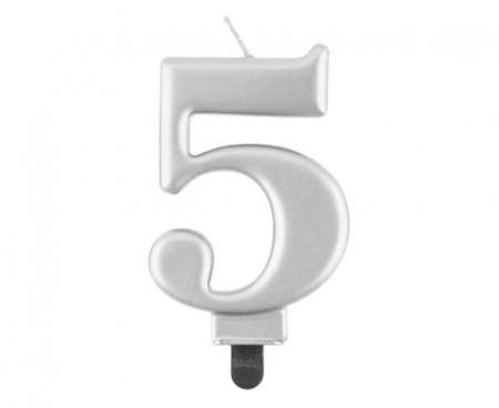 Świeczka cyferka 5, metalik srebrna, 8,0 cm