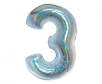 Balon foliowy , Cyfra 3, holograficzna srebrna, 76 cm