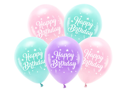 Balony Eco 26 cm, Happy Birthday, różowy (1 op. / 5 szt.)