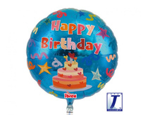 Balon foliowy, okrągły 14", Happy Birthday Cake, blue, packed