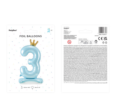 Stojący balon foliowy cyfra ''3'', 84 cm, błękit