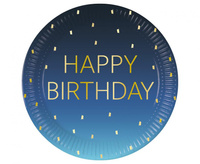 Talerzyki papierowe Blue Happy Birthday, Decorata, FSC, 23 cm, 8 szt.