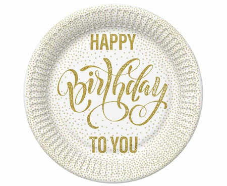 Talerzyki papierowe Happy Birthday Dotted Gold, 23 cm, 8 szt.