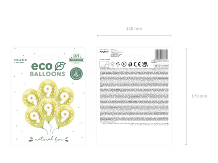 Balony Eco 33 cm, Cyfra ''9'', jasny złoty (1 op. / 6 szt.)