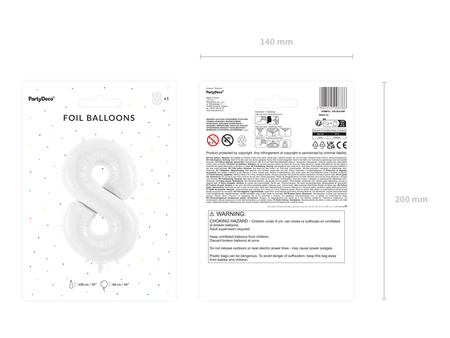 Balon foliowy Cyfra ''8'', 86 cm, biały