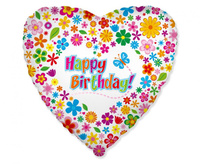 Balon foliowy 18" - "Happy Birthday" (z kwiatuszkami)