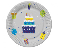Talerzyki papierowe B'day Cake with Gifts and Garlands, 18 cm, 8 szt.