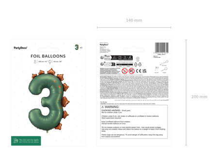 Balon foliowy Cyfra ''3'' Dinozaur, 92cm, mix