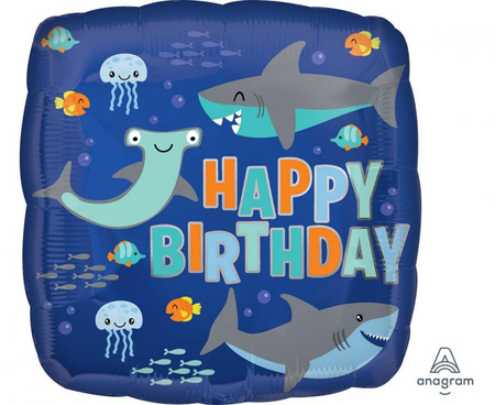 Balon foliowy 18" kwadrat Happy birthday sharks