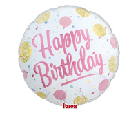 Balon foliowy, okrągły 14", Happy Birthday Gold&Pink Dots, packed