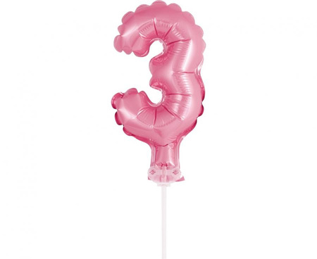 Balon foliowy 13 cm na patyczku "Cyfra 3", różowa