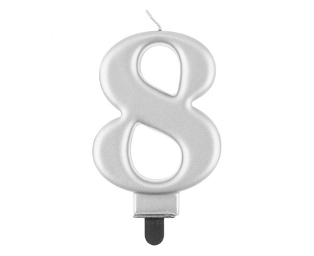 Świeczka cyferka 8, metalik srebrna, 8,0 cm