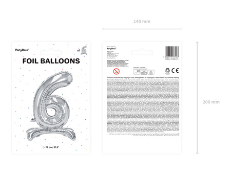 Stojący balon foliowy Cyfra ''6'', 70cm, srebrny