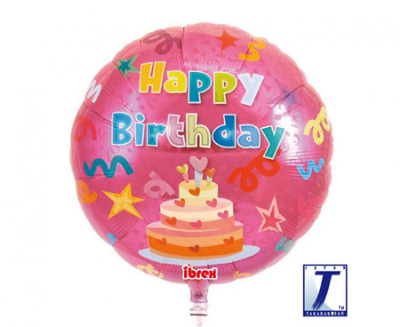Balon foliowy, okrągły 14", Happy Birthday Cake, red, packed