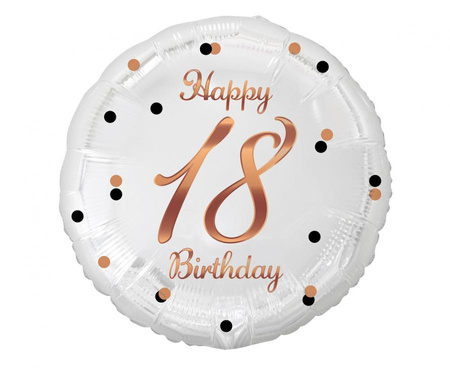 Balon foliowy Happy 18 Birthday, biały, nadruk różowo-złoty, 18 cali