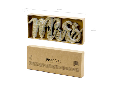 Drewniany napis Mr & Mrs, złoty, 50x10cm