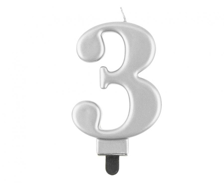 Świeczka cyferka 3, metalik srebrna, 8,0 cm