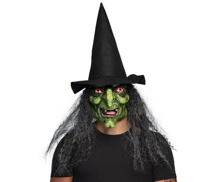 Maska lateksowa Czarownica Lucinda (z włosami i kapeluszem)