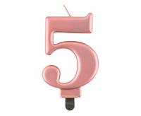 Świeczka cyferka 5, metalik różowo-złota, 8,0 cm