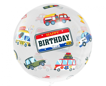 Balon Aqua - kryształowy, Happy Birthday (pojazdy), 20 cali