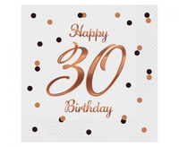 Serwetki Happy 30 Birthday, białe, nadruk różowo-złoty, certyfikat FSC, 33x33 cm/ 20 szt.