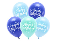 Balony Eco 26 cm, Happy Birthday, niebieski (1 op. / 5 szt.)