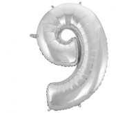 Balon foliowy Cyfra 9, srebrna, 92 cm