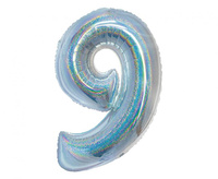 Balon foliowy , Cyfra 9, holograficzna srebrna, 76 cm