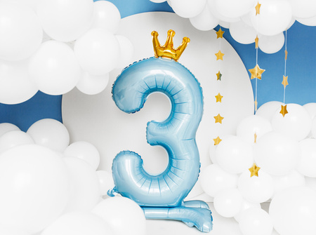 Stojący balon foliowy cyfra ''3'', 84 cm, błękit