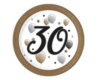 Talerzyki papierowe 30 urodziny FSC, 23 cm, 8 szt.