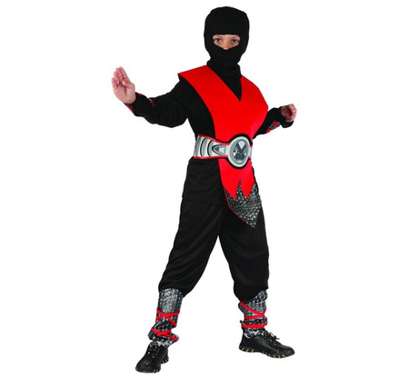 Zestaw Czerwony Ninja (koszula, kaptur, spodnie, ochraniacz, pas, ochraniacze na ręce i nogi), rozm. 120/130 cm