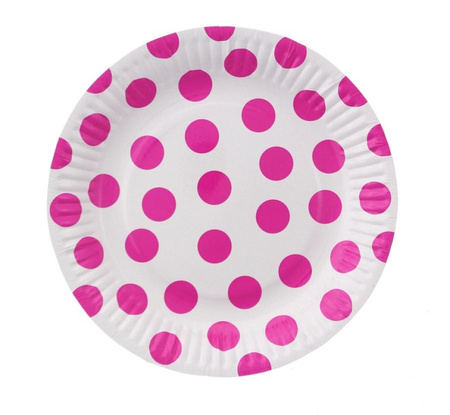 Talerzyki pap. białe, Groszki magenta, 18 cm, 6 szt.