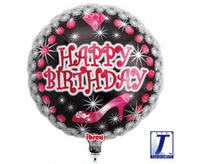 Balon foliowy, okrągły 14", Happy Birthday Heel&Diamond, packed