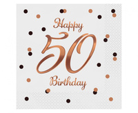 Serwetki Happy 50 Birthday, białe, nadruk różowo-złoty, certyfikat FSC, 33x33 cm/ 20 szt.