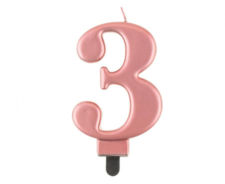 Świeczka cyferka 3, metalik różowo-złota, 8,0 cm