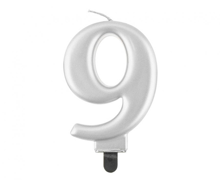 Świeczka cyferka 9, metalik srebrna, 8,0 cm