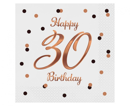 Serwetki Happy 30 Birthday, białe, nadruk różowo-złoty, certyfikat FSC, 33x33 cm/ 20 szt.