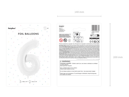 Balon foliowy Cyfra ''6'', 86 cm, biały