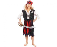 Zestaw dla dzieci Pasiasta Piratka (bluzka z kamizelką, spódnica, pasek, chusta), rozm.130/140 cm