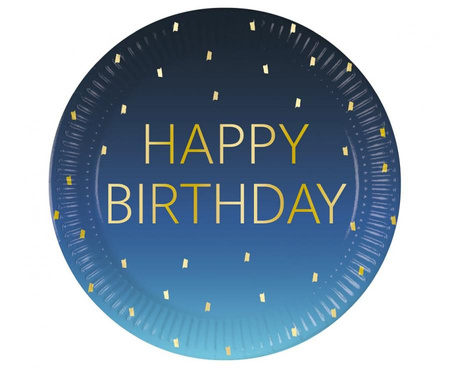 Talerzyki papierowe Blue Happy Birthday, Decorata, FSC, 23 cm, 8 szt.